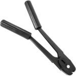 The MH-USA 5/8 Single Notch Steel Strapping Sealer, with black handles and metal jaws, showcases a hinged design perfect for securing electrical connectors. It stands isolated against a white background, highlighting its robust construction and functionality.