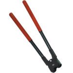 Red-handled bolt cutters with a black jaw are designed for precision. Use them with the MH-USA 1/2 Double Notch Steel Strapping Sealer to efficiently secure packages and materials, featuring open-position handles for ease of use.