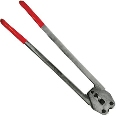 SST11534.jpg The MH-USA 3/4 Double Notch Steel Strapping Sealer has long red-coated handles for a secure grip, with a robust steel body designed for efficient crimping and cutting, ensuring reliable performance in all strapping tasks.