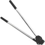 The MH-USA 1 1/4 Double Notch Steel Strapping Sealer, with silver handles and black grips, complements bolt cutters and is displayed on a plain white background.