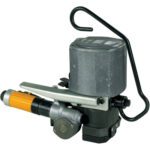 The MH-USA 1/2 Sealless Steel Strapping Combo Tool boasts a sturdy metal body, yellow handle, and black hook. Perfect for strapping and banding, this pneumatic tool includes levers and adjustment knobs for precise operations.