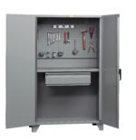 The Little Giant Cabinet Style Work Center with Pegboard or Louvered Back boasts a gray metal frame showcasing tools like wrenches, pliers, a hammer, and measuring tape on its pegboard. It includes a shelf and closed drawer below, with doors ajar to reveal its organized interior.