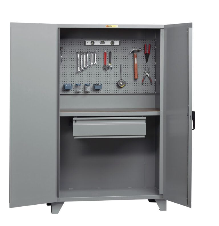 The Little Giant Cabinet Style Work Center with Pegboard or Louvered Back boasts a gray metal frame showcasing tools like wrenches, pliers, a hammer, and measuring tape on its pegboard. It includes a shelf and closed drawer below, with doors ajar to reveal its organized interior.