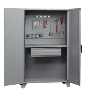 The Little Giant Cabinet Style Work Center with Pegboard or Louvered Back boasts a gray metal frame showcasing tools like wrenches, pliers, a hammer, and measuring tape on its pegboard. It includes a shelf and closed drawer below, with doors ajar to reveal its organized interior.