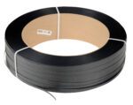 The Vestil Black Poly Strapping 9000 Ft 16 X 6 is a coiled roll of black plastic featuring a cardboard core, securely wrapped with white ties. A small label on the core displays essential text and numbers for easy reference.