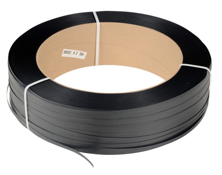 ST-12-16X6-BL_A.jpg The Vestil Black Poly Strapping 9000 Ft 16 X 6 is a coiled roll of black plastic featuring a cardboard core, securely wrapped with white ties. A small label on the core displays essential text and numbers for easy reference.
