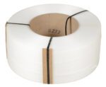A roll of Vestil Clear Poly Strapping, 9900 ft long in white with two black bands and a cardboard core, labeled 6277.