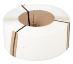 The Vestil White Poly Strapping 9900 Ft 9 X 8 is neatly upright, held by two black ties, with a brown cardboard core featuring a printed number and a slightly textured band surface.