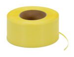 The Vestil Yellow Poly Strapping, measuring 9900 ft with dimensions of 9 x 8 inches, features a vibrant yellow tape on a cardboard core.