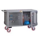A gray metal utility cart, similar to the Little Giant 2-Sided Mobile Maintenance Cart with Pegboard or Louvered Panels, has perforated sides and red caster wheels. Inside the open door are a blue hard hat, red safety harness, and various tools.