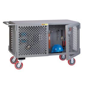 A gray metal utility cart, similar to the Little Giant 2-Sided Mobile Maintenance Cart with Pegboard or Louvered Panels, has perforated sides and red caster wheels. Inside the open door are a blue hard hat, red safety harness, and various tools.