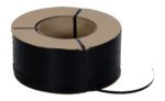 The Vestil Black Poly Strapping 12900 Ft 9 X 8, with a cardboard core, is displayed on a white background. A section of the tape extends outward, illustrating its flat, textured surface and durable 12,900 ft length.