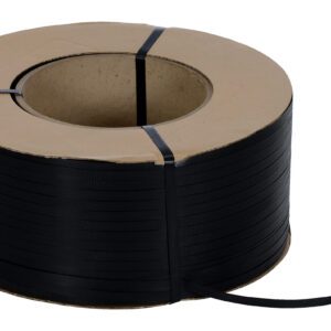 The Vestil Black Poly Strapping 12900 Ft 9 X 8, with a cardboard core, is displayed on a white background. A section of the tape extends outward, illustrating its flat, textured surface and durable 12,900 ft length.