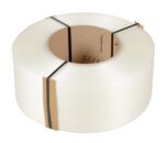 A roll of transparent packing tape with a cardboard core, akin to Vestils designs, is held together by two black straps, much like the Vestil Clear Poly Strapping 12900 Ft 9 X 8.