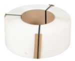 The large roll of Vestil White Poly Strapping 12900 Ft 9 X 8 is coiled neatly, with black straps securing two cardboard pieces on each side. Its inner core is brown cardboard, and its set against a plain white background.