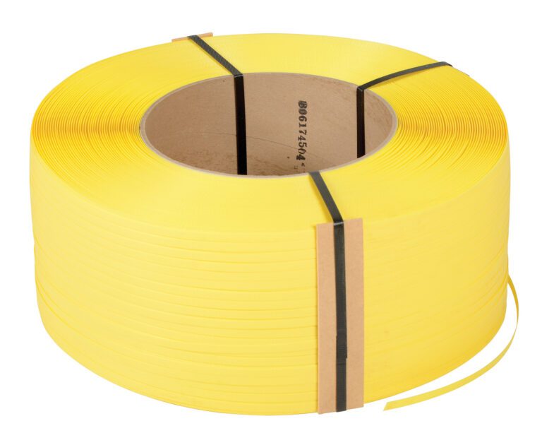 A large coil of Vestil Yellow Poly Strapping 12900 Ft, bound by two black bands, reveals layers of thin material loosely wound around a 9 X 8-inch cylindrical cardboard core.
