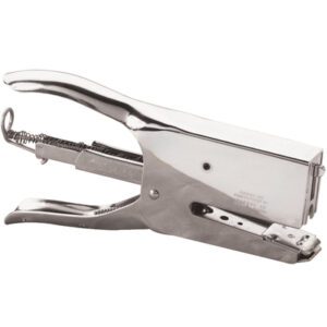 The MH-USA Economy Hand Stapler has a rectangular body with a spring mechanism and easy-press handle. Its sleek, shiny metallic finish offers style and functionality for hand-held use in one compact tool.
