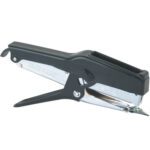 The MH-USA Industrial Sword Point Stapler is a handheld heavy-duty tool with a black top handle and sleek metal base, ideal for thick stacks of paper. Its robust design complements any setting, shown elegantly against a white background.