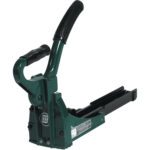 The MH-USA 3/4 Manual Stick Feed Carton Stapler, featuring a green body and sleek black handle and base, stands out against a white background, highlighting its rectangular form and intricate mechanical details.