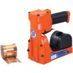 The MH-USA 5/8 Pneumatic Roll Feed Carton Stapler boasts a stylish orange design, a robust black handle, and includes copper-colored staples.