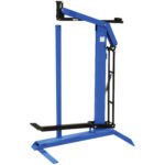 A blue manual pallet stacker with a black lifting platform evokes the precision and sturdiness of an MH-USA 5/8 Foot Operated Stick Feed Stapler, featuring a vertical mast, lever mechanism for lifting, and extended legs for stability.