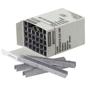 The open box of MH-USA 3/8 Deluxe Staples (5000/Case) displays several strips of silver staples partially pulled out, revealing neatly arranged stacks inside and confirming it contains 5,000 staples in size 3/8 (9mm).