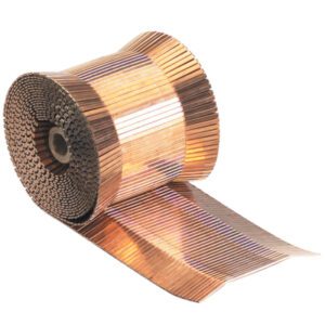 A roll of copper flashing with a pleated texture, partially unrolled to reveal its shiny surface, reflects light from its tightly coiled edges like the gleaming MH-USA 3/4 Roll Staples (1000/Roll) meticulously organized in their packaging.