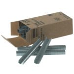 A brown cardboard box labeled MH-USA 1/4 Stapling Hammer Staples (5000/Case) shows several silver staples fanned out in front. The neatly stacked, rectangular staples are ready for use.