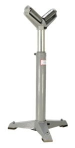 The Vestil V Roller Stand 33 To 43 In Range is a silver metal adjustable V-shaped stand with a sturdy tripod base, perfect for supporting pipes or items during tasks like sawing or welding.