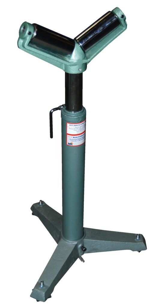 STAND-G-V_A.jpg The Vestil V Roller Stand 26 to 36 In Range is a green metal stand with a V-shaped top and rollers. Supported by a three-legged base, it stabilizes cylindrical objects and features an easy-to-use side handle for adjustments.