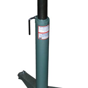 The Vestil V Roller Stand 26 to 36 In Range is a green metal stand with a V-shaped top and rollers. Supported by a three-legged base, it stabilizes cylindrical objects and features an easy-to-use side handle for adjustments.