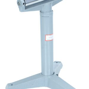 The Vestil Horizontal Roller Stand 23 to 38-1/2 In, with a gray adjustable design, T-shaped base, and top cylindrical roller, includes a small Allen wrench for supporting and guiding materials in workshops or construction projects.