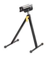 The Vestil Roller Stand 4 Way 8 Ball Roller 28-44 H is a black adjustable tripod stand with a horizontal roller and a yellow lever for height adjustment, offering a versatile range of 28 to 44 inches, perfect for supporting materials in woodworking and other projects.