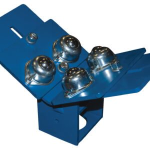 The Vestil Roller Stand Option - Roller Plate is a blue industrial metal bracket with three silver ball transfer units on top, featuring angled sides and a rectangular base designed for smooth movement or transfer of objects.