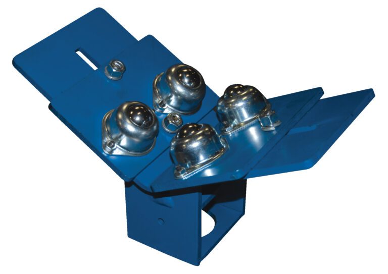 STAND-T_A.jpg The Vestil Roller Stand Option - Roller Plate is a blue industrial metal bracket with three silver ball transfer units on top, featuring angled sides and a rectangular base designed for smooth movement or transfer of objects.