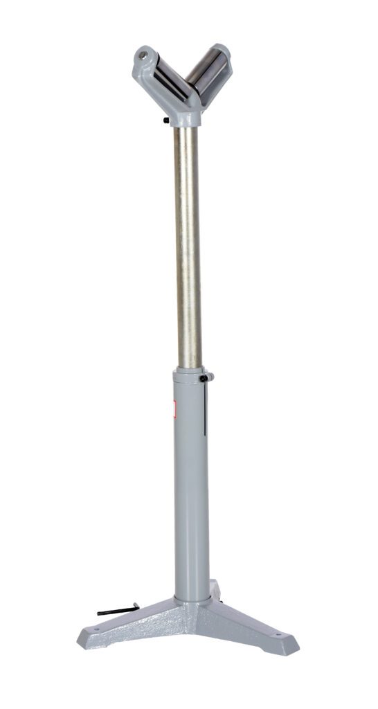 STAND-V-HP_A.jpg The Vestil Roller Stand 2, featuring adjustable 5-inch V Beams and a metal column ranging from 27 to 42 inches, offers versatile support with a sturdy three-legged base and grey frame.