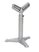 The Vestil Roller Stand 5In V Beams features a Y-shaped top with cylindrical rollers and offers adjustable support from 23 to 38.5 inches on a sturdy, three-legged base for versatile use.