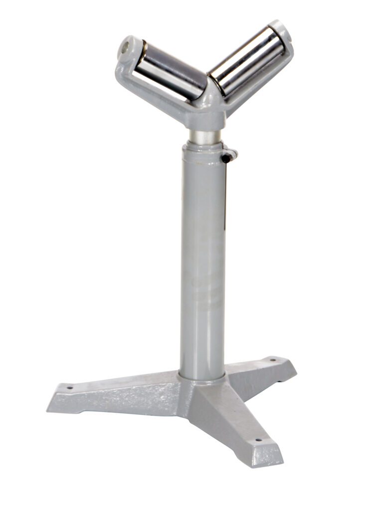 The Vestil Roller Stand 5In V Beams features a Y-shaped top with cylindrical rollers and offers adjustable support from 23 to 38.5 inches on a sturdy, three-legged base for versatile use.