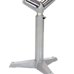 The Vestil Roller Stand 5In V Beams features a Y-shaped top with cylindrical rollers and offers adjustable support from 23 to 38.5 inches on a sturdy, three-legged base for versatile use.