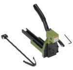The green and black manual metal strapping tool is shown with a strap retainer and a hex key wrench on a white background, echoing the efficiency of tools such as the Vestil Manual Carton/Box Stapler 100 Pcs 3/4 In.