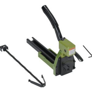 The green and black manual metal strapping tool is shown with a strap retainer and a hex key wrench on a white background, echoing the efficiency of tools such as the Vestil Manual Carton/Box Stapler 100 Pcs 3/4 In.