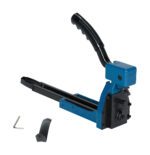 The Vestil Manual Carton/Box Stapler, in blue and black with a long handle, is ideal for binding tasks. It includes an L-shaped hex key, an extra black part, and accommodates 100 pcs 5/8 in staples for efficient use.