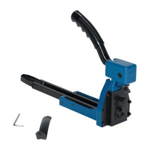 The Vestil Manual Carton/Box Stapler, in blue and black with a long handle, is ideal for binding tasks. It includes an L-shaped hex key, an extra black part, and accommodates 100 pcs 5/8 in staples for efficient use.