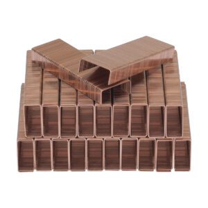Neatly arranged copper-colored staples at various angles enhance the efficiency of the Vestil Manual Carton/Box Stapler 2000 Pcs 5/8In, ideal for handling up to 2000 pieces with ease.