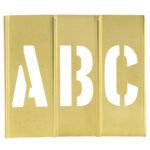 The MH-USA 1 Letter/Number Brass Stencils display bold block letters A, B, and C on a shiny metallic surface.