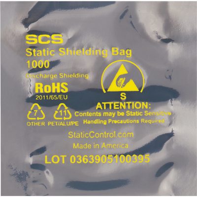 STC106.jpg The MH-USA 3 x 4 Open End Static Shielding Bags (100/Case) have yellow static sensitivity and handling warnings, are RoHS compliant, made in the USA by SCS, and feature lot number 0363905100395 for easy tracking.