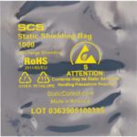 A close-up of an MH-USA 4 x 6 Open End Static Shielding Bag reveals static sensitivity warnings, RoHS compliance marks, details of PET/AL/PE materials, and American craftsmanship with the lot number 0363905100395.