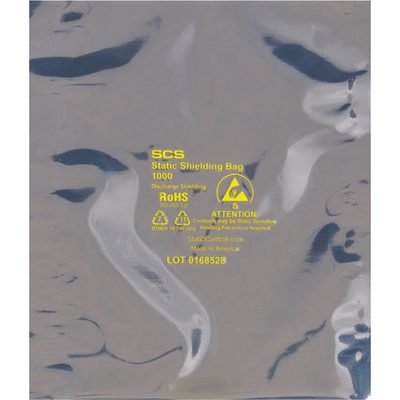 STC113.jpg The MH-USA 4 x 8 Open End Static Shielding Bags (1000/Case) feature silver static shielding with blue hues and yellow text, including SCS Static Shielding Bag, RoHS, and a recycling symbol, cautioning about static-sensitive devices. Code LOT 0168528 is visible.