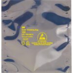 The image shows a reflective silver static shielding bag designed for electronic component protection. The MH-USA 20 x 20 Open End Static Shielding Bags (100/Case) have yellow 3M static sensitivity warnings, recycling symbols, and cautionary icons.