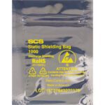 A silver static shielding bag with yellow text reads SCS Static Shielding Bag 1000, featuring RoHS compliance and safety symbols. It displays LOT 15737643277378 and is made in America, akin to the MH-USA 2 x 3 Reclosable Static Shielding Bags (1000/Case).
